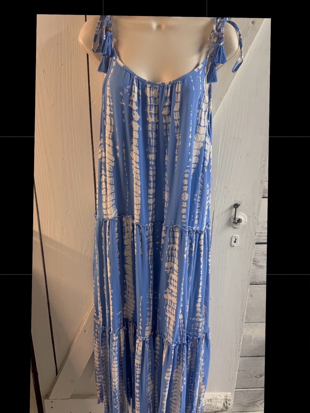 Club Z Collection Blue and White Tie-Dye Maxi Dress with Adjustable ShoulderTies